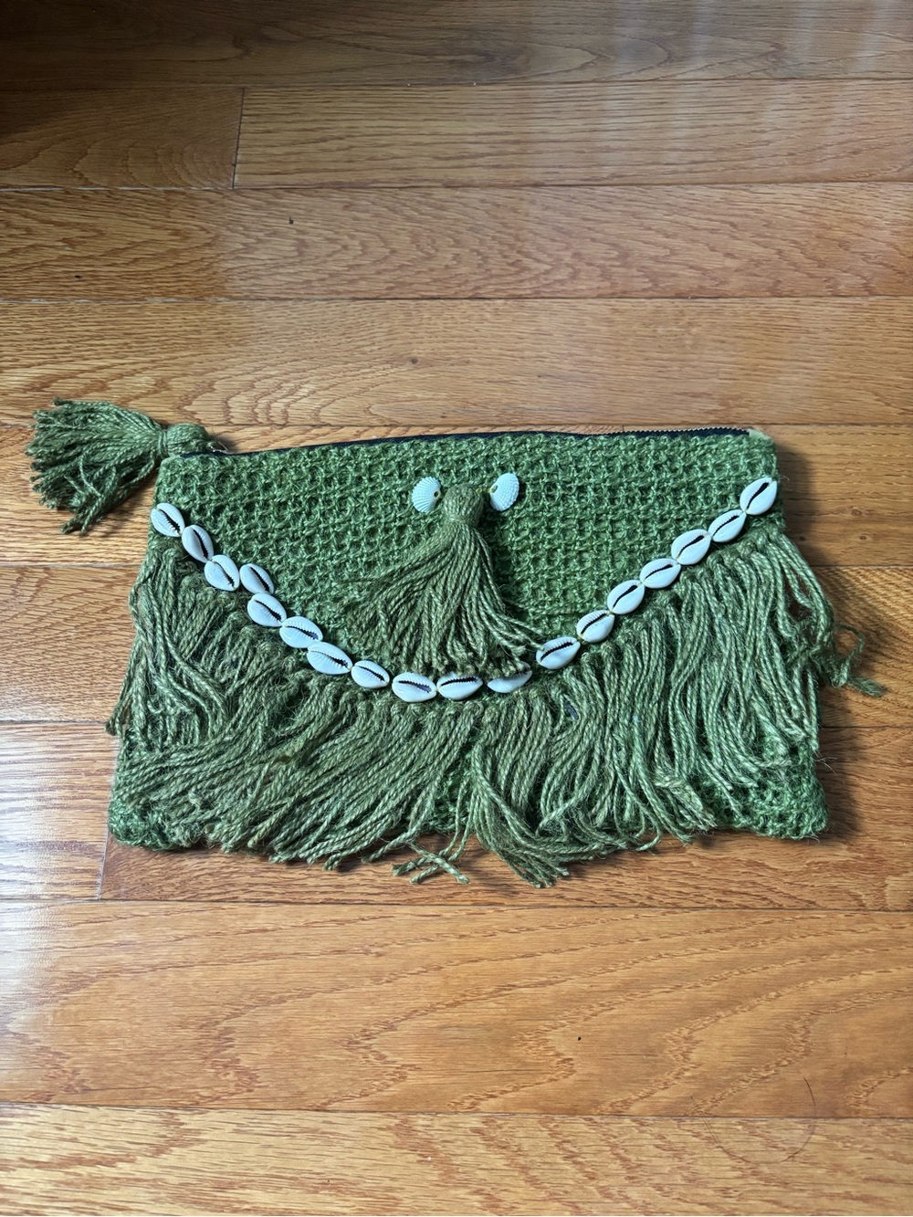 Boho Olive Green Fringe Clutch with Shell Trim